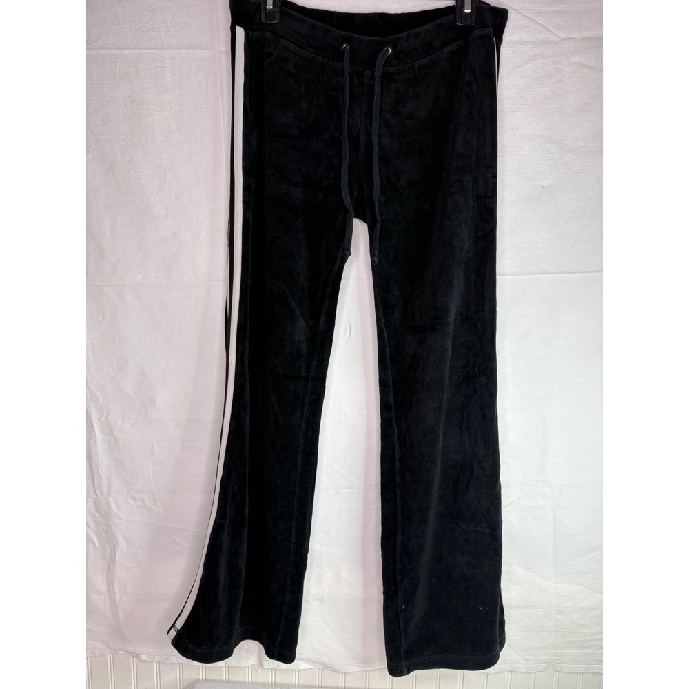 Edge Black Velour Track Pants White Side Stripe Wide Leg Y2K Joggers 28 Inseam